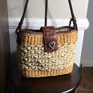 BRIGHTON straw wicker shoulder bag with leather strap and silver heart detail